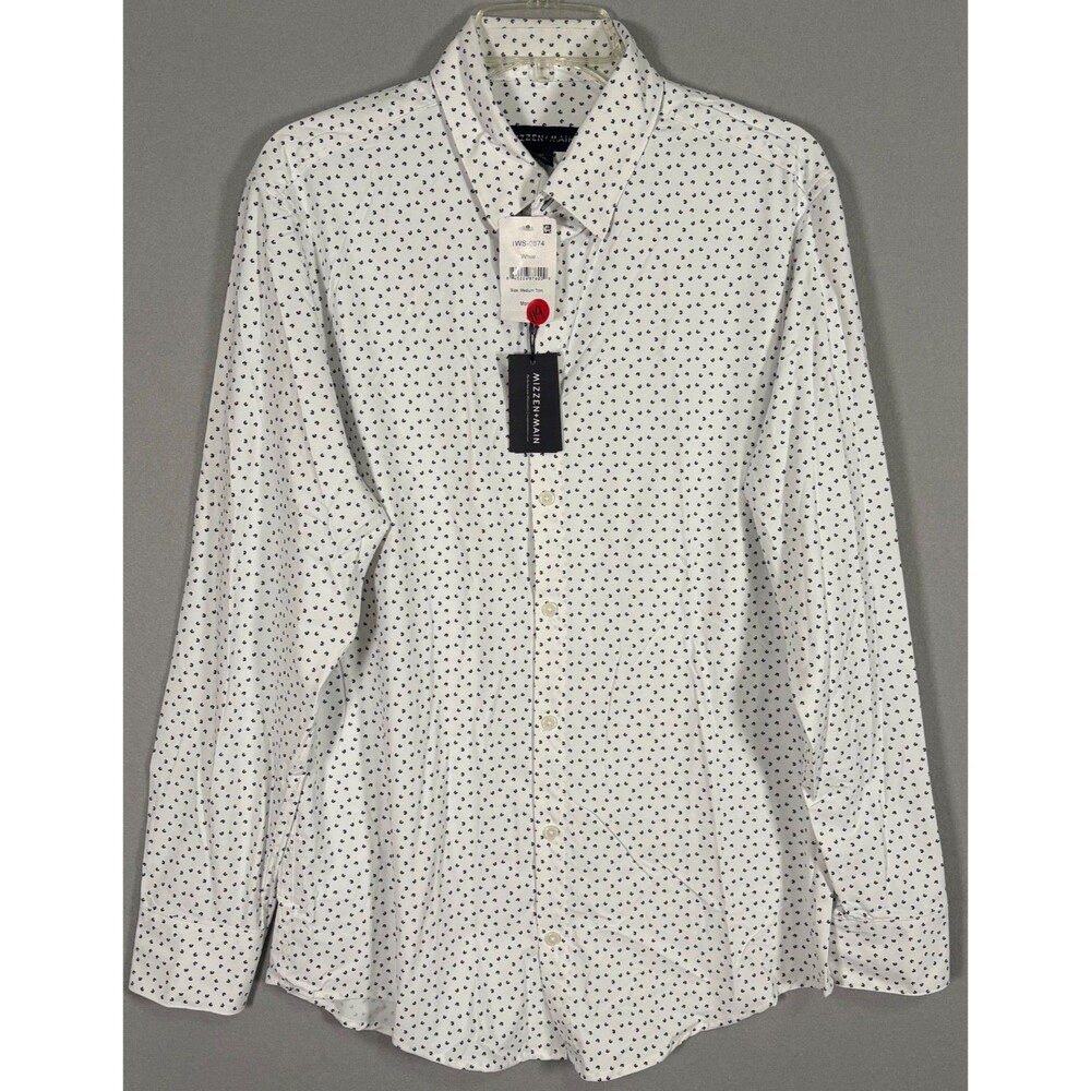 NWT Mizzen Main Shirt Mens M White Geometric Performance Trim Dress Shirt